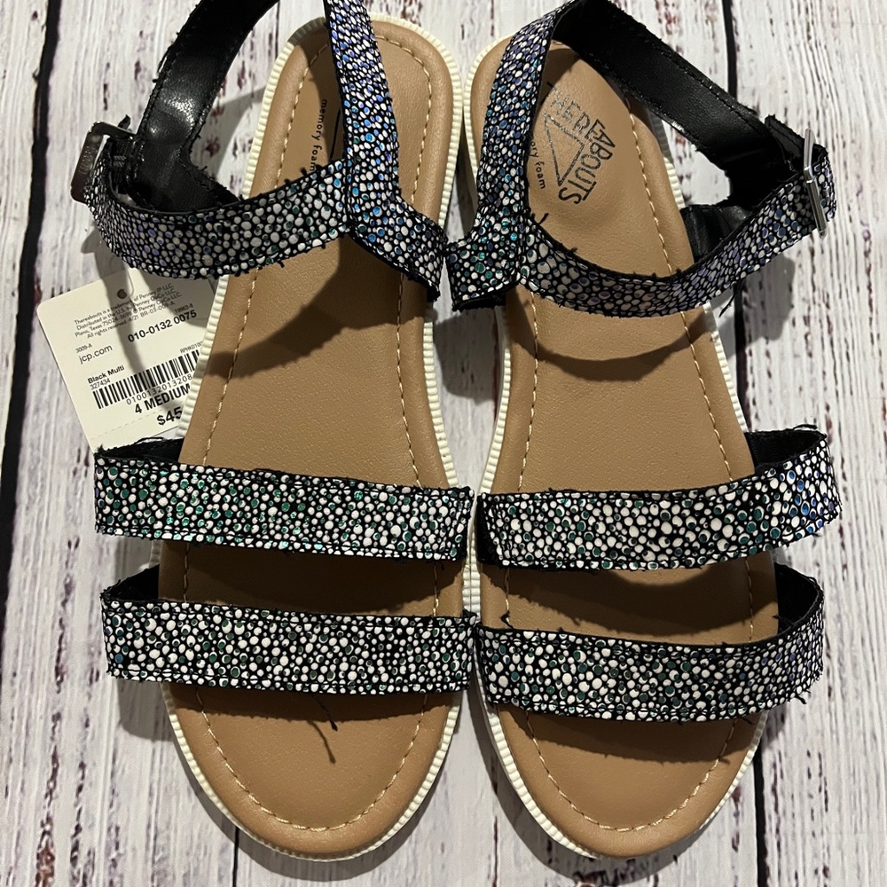 NWT ThereAbouts Black and Multicolor Dotted Strappy Kids Sandals-Big Kids Size 4